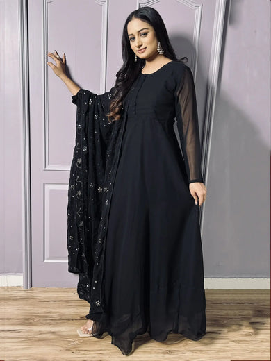 Astonishing Black Georgette Reception Wear Gown With Dupatta
